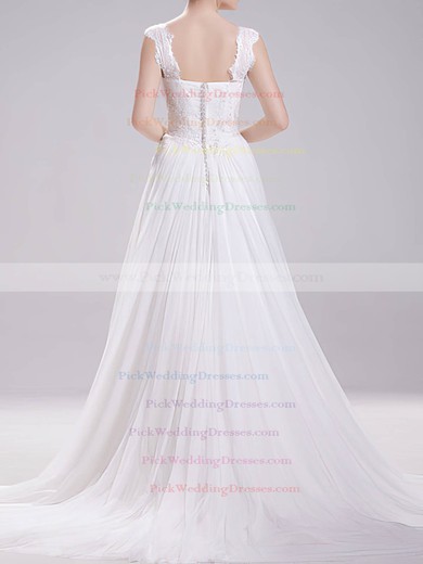 Square Neckline Wholesale Chiffon Lace Sweep Train Wedding Dresses #PWD00020719