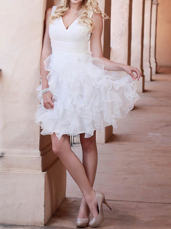 Different Short/Mini Ball Gown V-neck Organza Tiered Wedding Dresses #PWD00020720