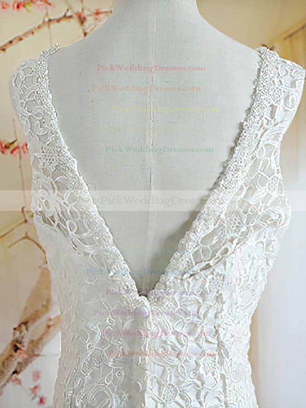 Trumpet/Mermaid V-neck White Beading Covered Button Lace Wedding Dresses #PWD00020721