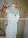 Trumpet/Mermaid V-neck White Beading Covered Button Lace Wedding Dresses #PWD00020721