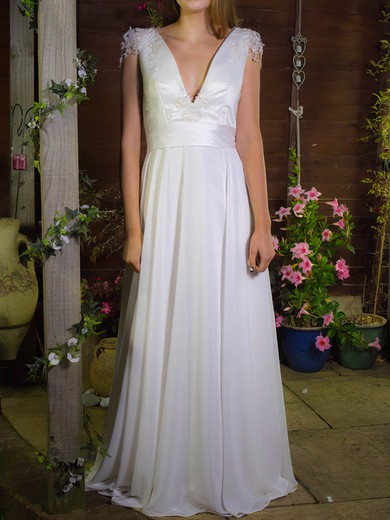 White Chiffon Satin Appliques Lace V-neck Cap Straps A-line Wedding Dress #PWD00020755