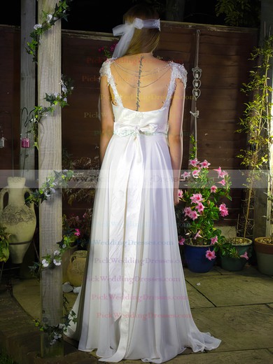 White Chiffon Satin Appliques Lace V-neck Cap Straps A-line Wedding Dress #PWD00020755