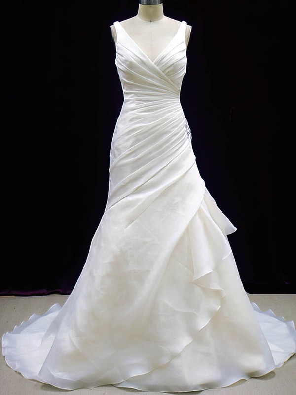 Trumpet/Mermaid Ivory Organza Pleats Button V-neck Wedding Dresses #PWD00020784