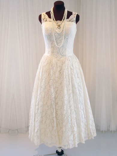 Scoop Neck Tea-length Buttons Classic Ivory Lace Wedding Dresses #PWD00020790