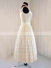 Scoop Neck Tea-length Buttons Classic Ivory Lace Wedding Dresses #PWD00020790