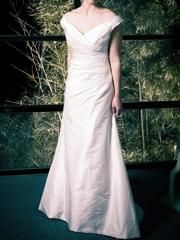 Modest Ivory Taffeta Ruffles Sweep Train Off-the-shoulder Wedding Dress #PWD00020808