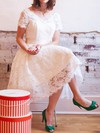 Ivory Knee-length V-neck Vintage Lace with Bow Wedding Dress #PWD00020830