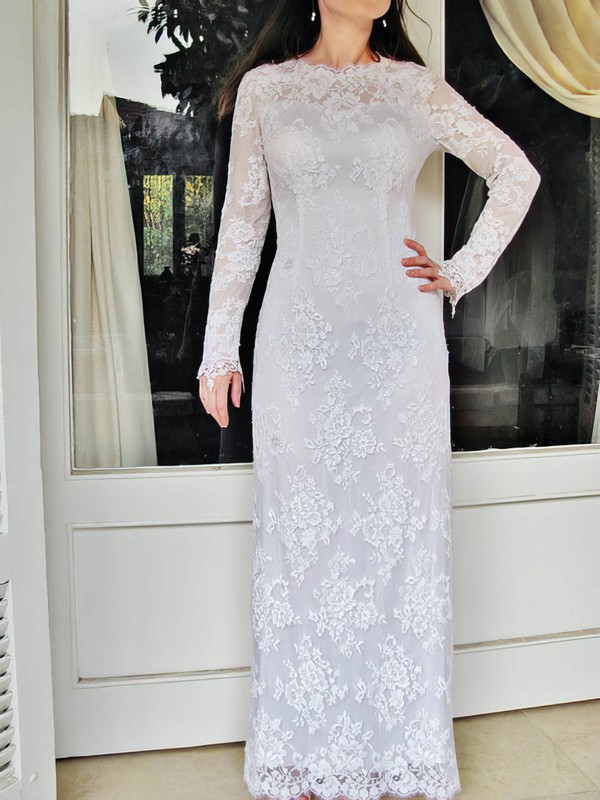 Elegant Long Sleeve Sheath/Column Lace Draped Scoop Neck Wedding Dress #PWD00020832