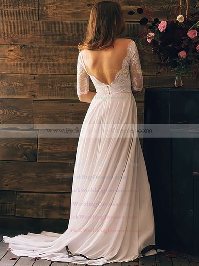 Off-the-shoulder Chiffon Lace and Open Back White Stunning 1/2 Sleeve Wedding Dresses #PWD00020839