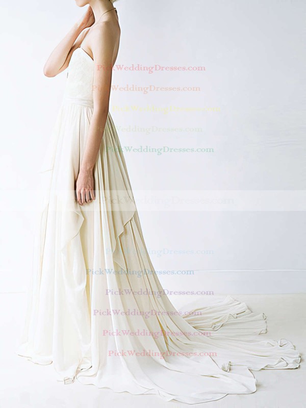 Hot Sweetheart Ivory Chiffon Court Train Lace Wedding Dress #PWD00020848