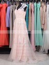 Pink V-neck Tulle Sweep Train Appliques Lace Vintage Wedding Dresses #PWD00020863