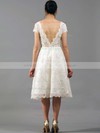 Knee-length V-neck Vintage Lace Draped with Short Sleeve Wedding Dresses #PWD00020864