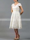Knee-length V-neck Vintage Lace Draped with Short Sleeve Wedding Dresses #PWD00020864