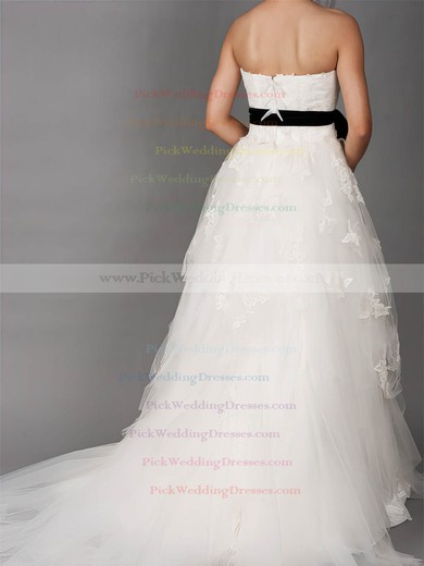 Court Train Lace Tulle Different Strapless Sashes / Ribbons Wedding Dresses #PWD00020882