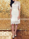 1/2 Sleeve Ivory Lace Sheath/Column Sashes/Ribbons Knee-length Wedding Dresses #PWD00020883