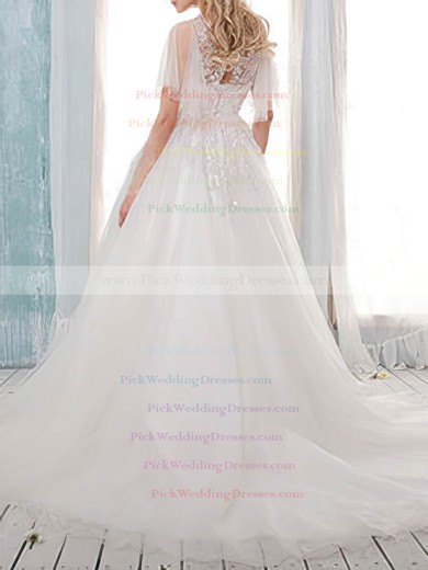 Classy Court Train Scoop Tulle with Appliques Lace Short Sleeve Wedding Dress #PWD00020902