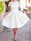 Lace Satin Scalloped Neck Wholesale Knee-length with Pockets Wedding Dress #PWD00020922