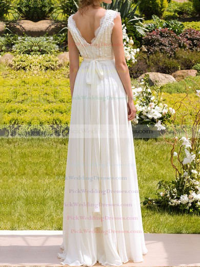 Chiffon and Lace Floor-length Sashes/Ribbons Affordable White V-neck Wedding Dresses #PWD00020925