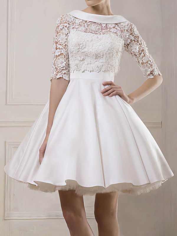 Beautiful Cowl Neck White Lace Satin with 1/2 Sleeve Short/Mini  Wedding Dresses #PWD00020930