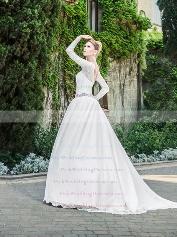 Long Sleeve Scalloped Neck Promotion Lace Satin Sashes / Ribbons Wedding Dresses #PWD00020939