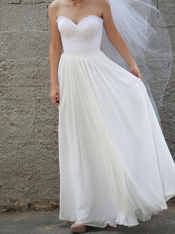 Simple A-line White Chiffon and Lace Sweetheart Wedding Dresses #PWD00020954