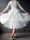 Tea-length Scoop Neck White 3/4 Sleeve with Pearl Detailing Bow Lace Wedding Dress #PWD00020958
