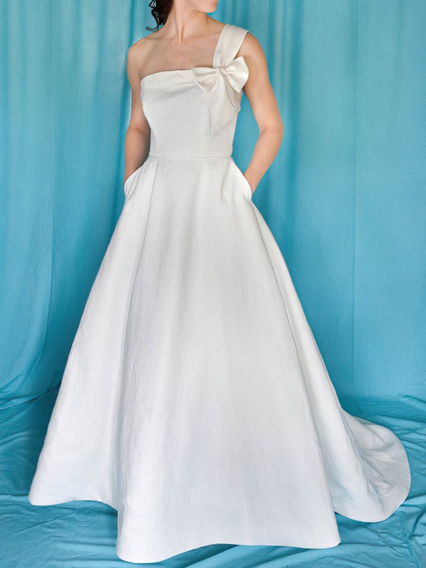 Sweep Train One Shoulder Wholesale Satin with Bow Wedding Dress #PWD00020959
