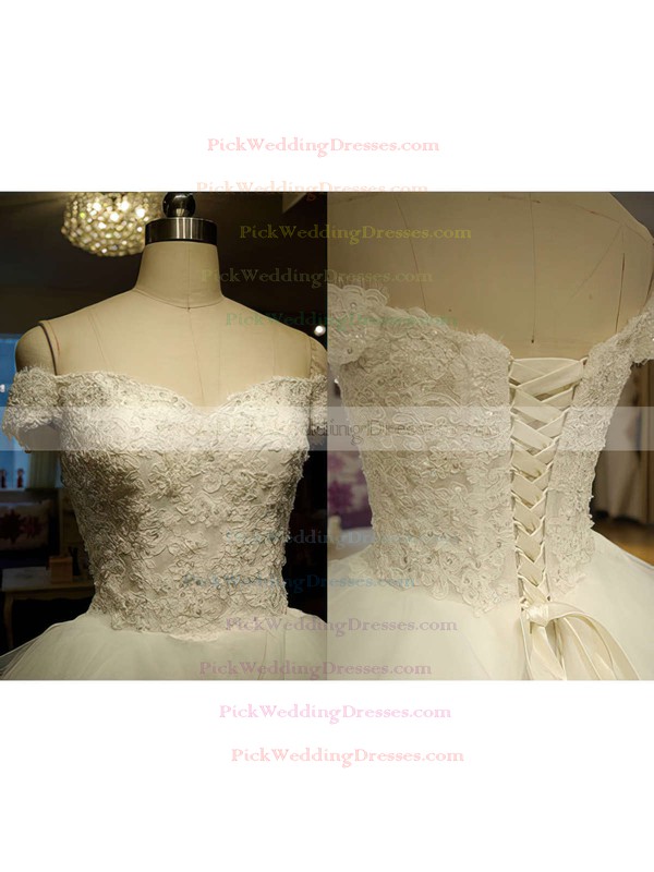 Gorgeous Off-the-shoulder Ivory Organza Tiered Lace-up Court Train Wedding Dress #PWD00020986
