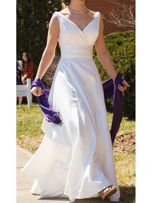Court Train V-neck White Perfect Satin Ruffles Wedding Dresses #PWD00020991