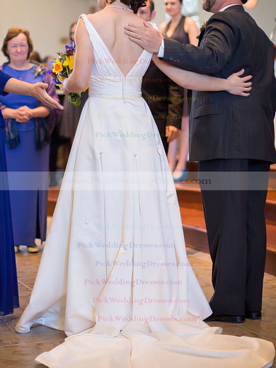 Court Train V-neck White Perfect Satin Ruffles Wedding Dresses #PWD00020991