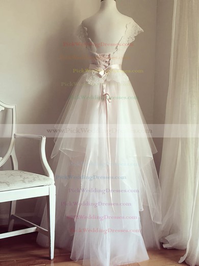 V-neck Cap Straps Gorgeous Satin Tulle Lace Wedding Dresses #PWD00020993