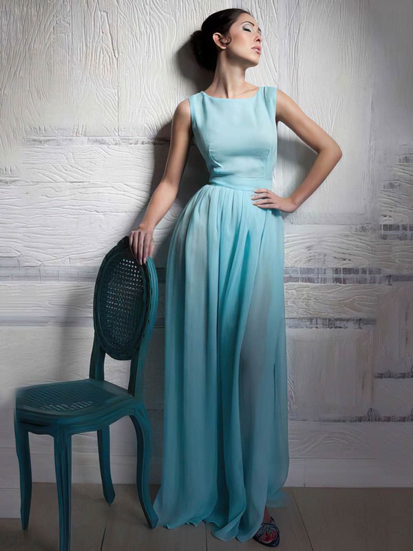 A-line Floor-length Chiffon Elastic Woven Satin Sashes / Ribbons Scoop Neck Bridesmaid Dresses #PWD02018015