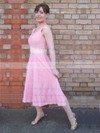 A-line Tea-length Lace Sashes / Ribbons V-neck Bridesmaid Dresses #PWD02017822